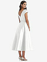 Rear View Thumbnail - White Puff Sleeve Bow-Waist Full Skirt Satin Midi Dress
