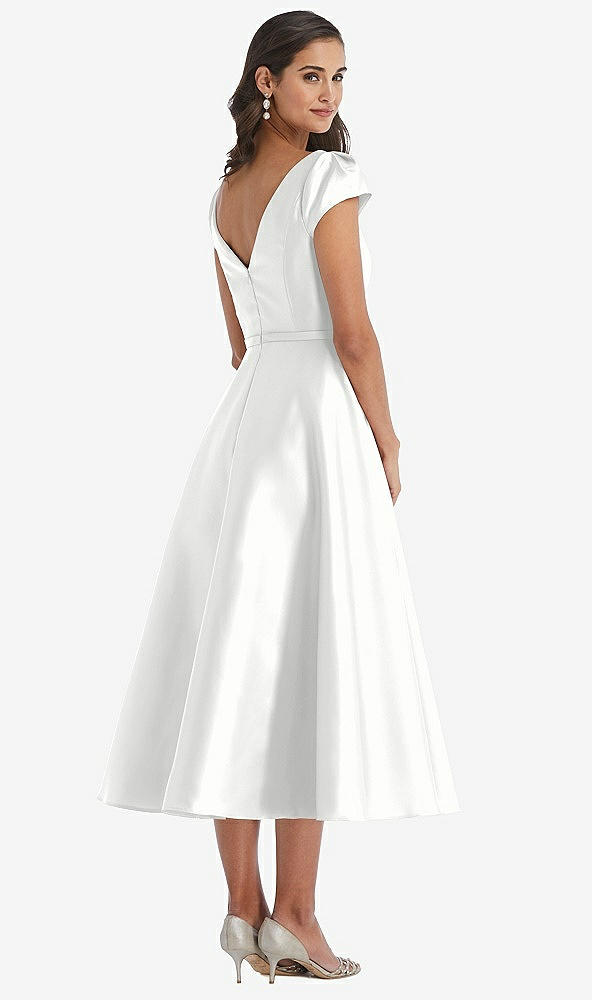 Back View - White Puff Sleeve Bow-Waist Full Skirt Satin Midi Dress