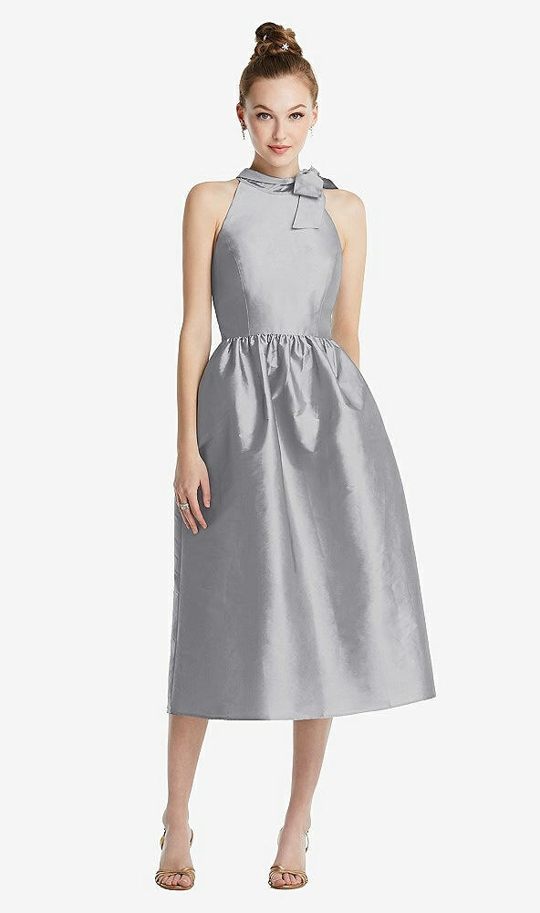 Front View - French Gray Bowed High-Neck Full Skirt Midi Dress with Pockets