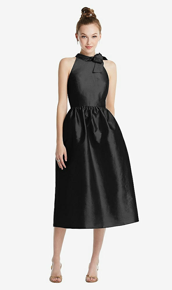 Front View - Black Bowed High-Neck Full Skirt Midi Dress with Pockets