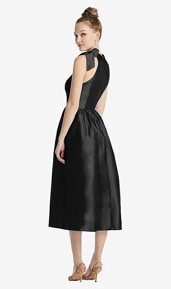 Back View - Black Bowed High-Neck Full Skirt Midi Dress with Pockets