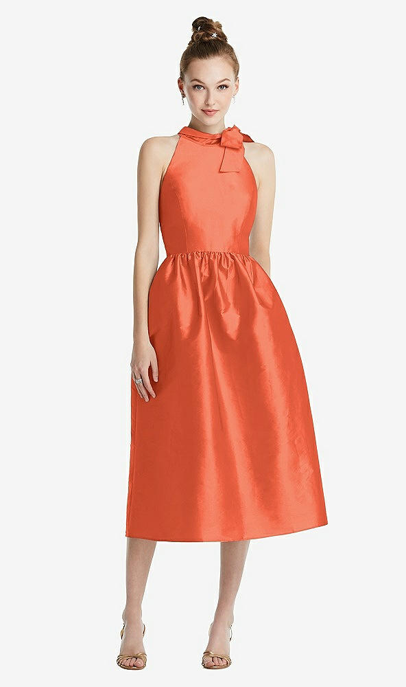 Front View - Fiesta Bowed High-Neck Full Skirt Midi Dress with Pockets