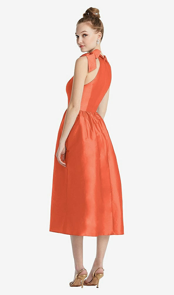 Back View - Fiesta Bowed High-Neck Full Skirt Midi Dress with Pockets