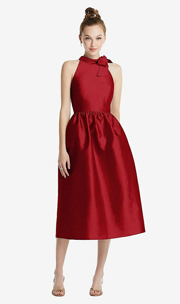 Front View - Garnet Bowed High-Neck Full Skirt Midi Dress with Pockets