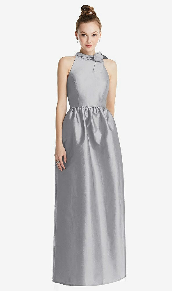 Front View - French Gray Bowed High-Neck Full Skirt Maxi Dress with Pockets