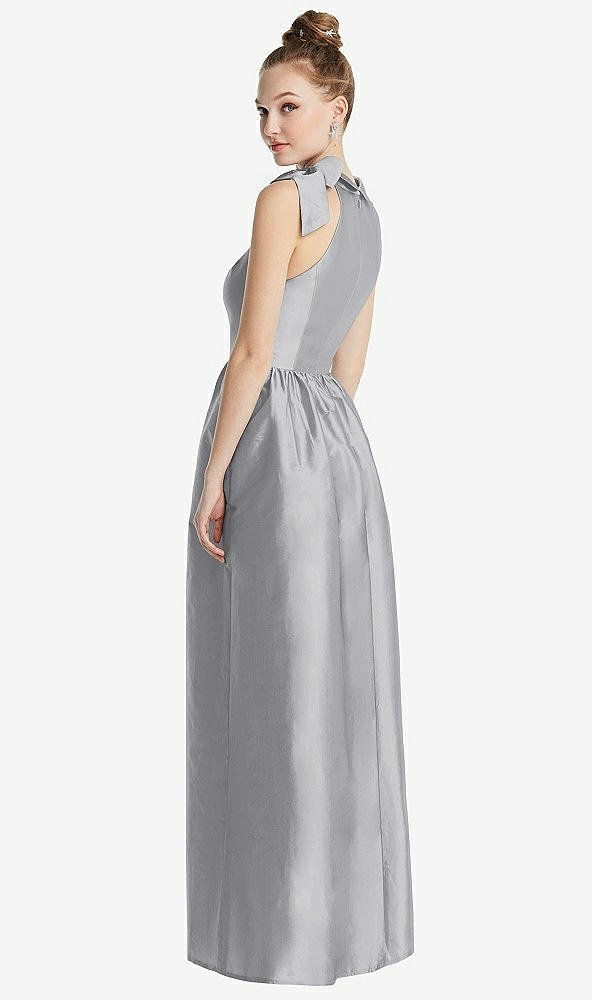 Back View - French Gray Bowed High-Neck Full Skirt Maxi Dress with Pockets