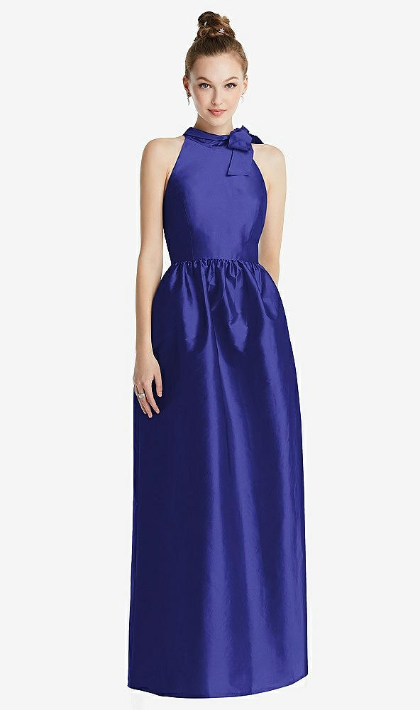 Front View - Electric Blue Bowed High-Neck Full Skirt Maxi Dress with Pockets