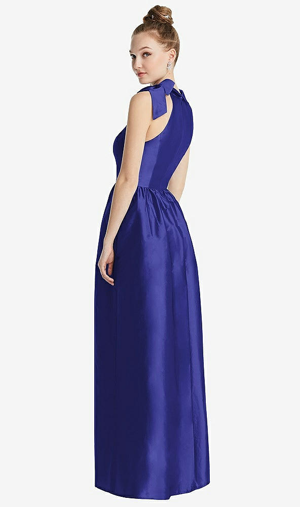 Back View - Electric Blue Bowed High-Neck Full Skirt Maxi Dress with Pockets