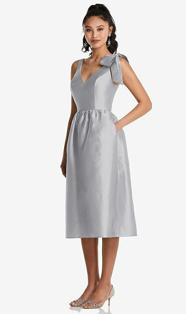 Front View - French Gray Bowed-Shoulder Full Skirt Midi Dress with Pockets