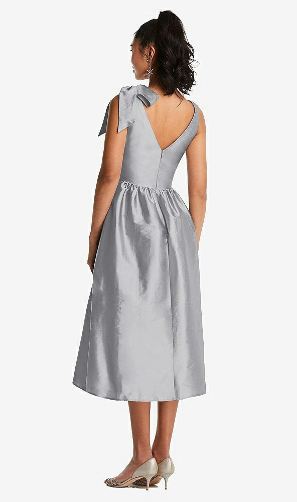 Back View - French Gray Bowed-Shoulder Full Skirt Midi Dress with Pockets