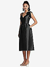 Front View Thumbnail - Black Bowed-Shoulder Full Skirt Midi Dress with Pockets