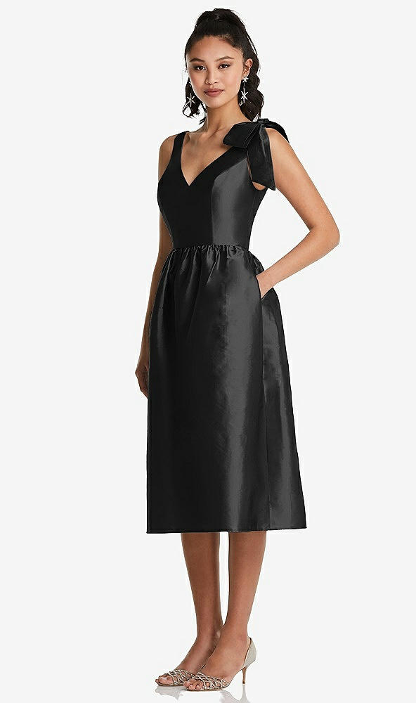 Front View - Black Bowed-Shoulder Full Skirt Midi Dress with Pockets