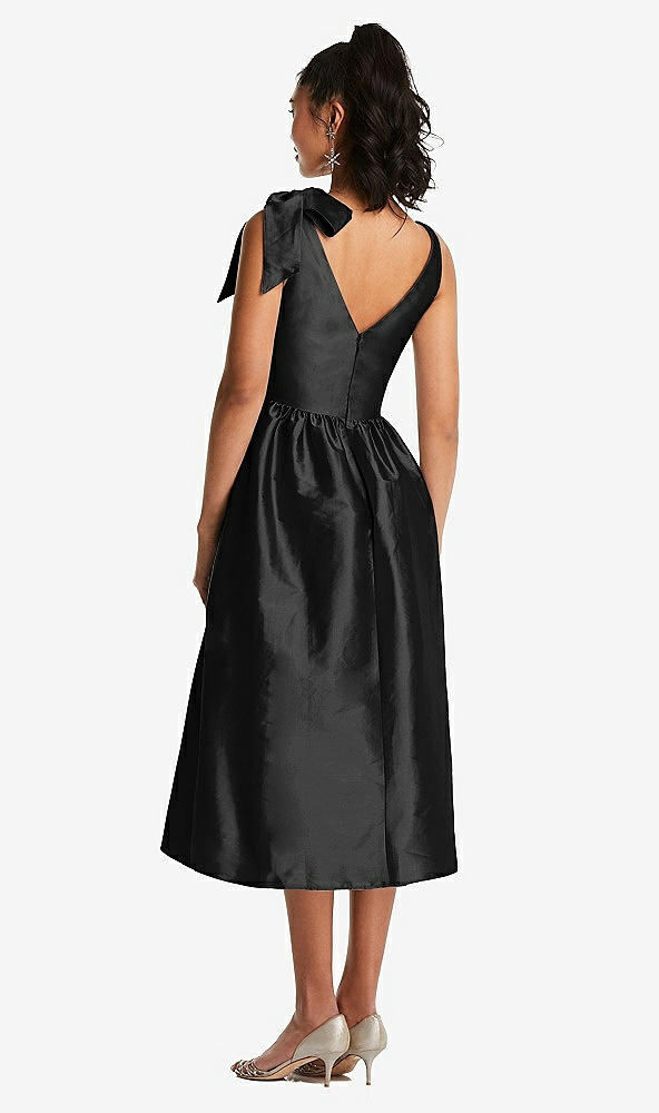 Back View - Black Bowed-Shoulder Full Skirt Midi Dress with Pockets