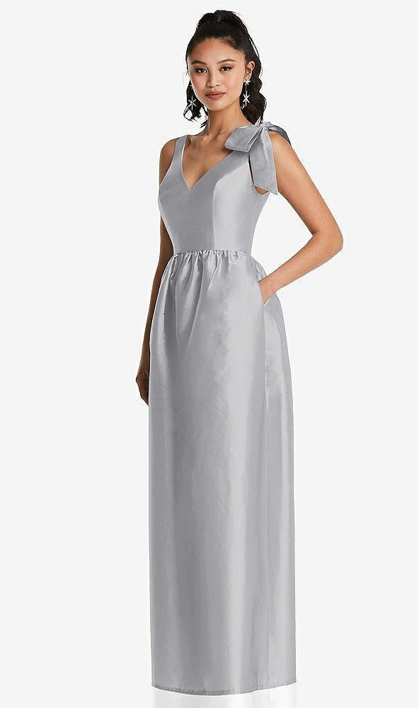Front View - French Gray Bowed-Shoulder Full Skirt Maxi Dress with Pockets