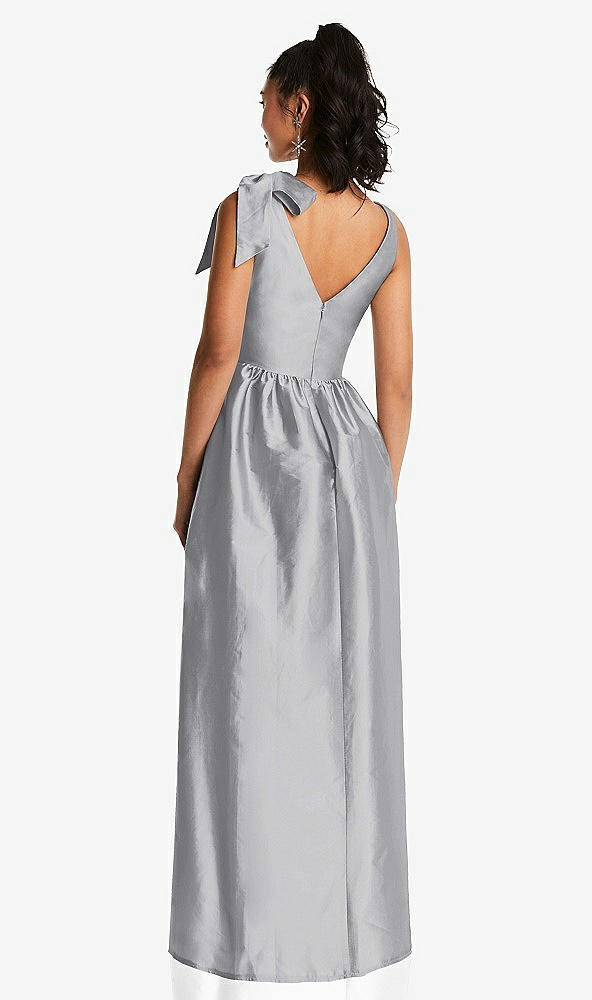 Back View - French Gray Bowed-Shoulder Full Skirt Maxi Dress with Pockets