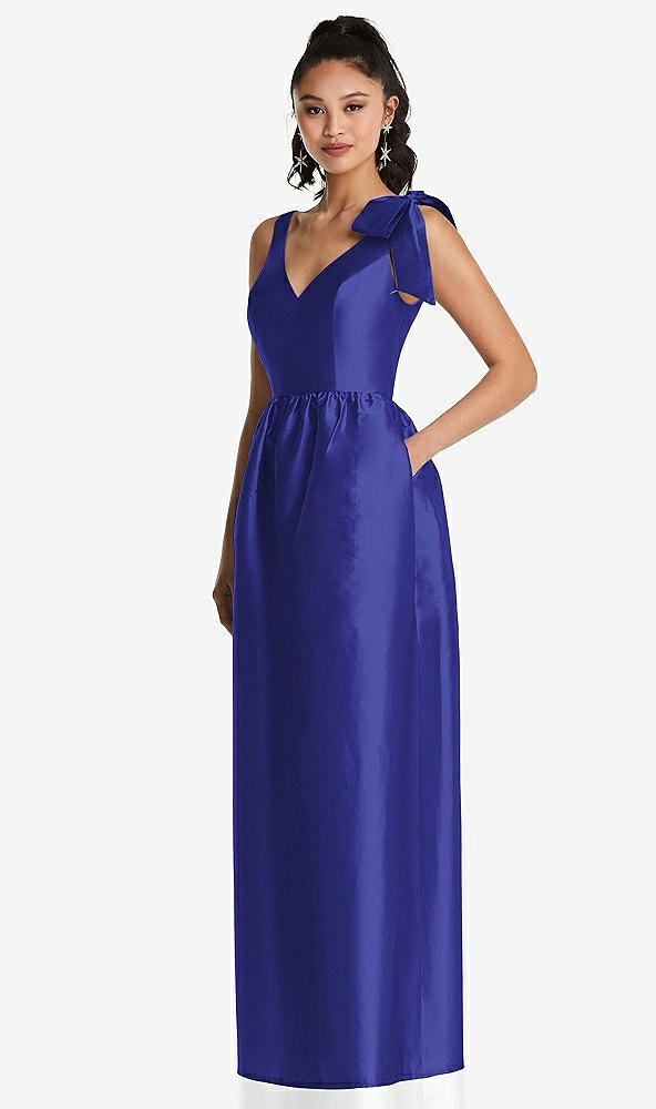 Front View - Electric Blue Bowed-Shoulder Full Skirt Maxi Dress with Pockets