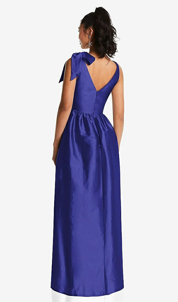 Back View - Electric Blue Bowed-Shoulder Full Skirt Maxi Dress with Pockets