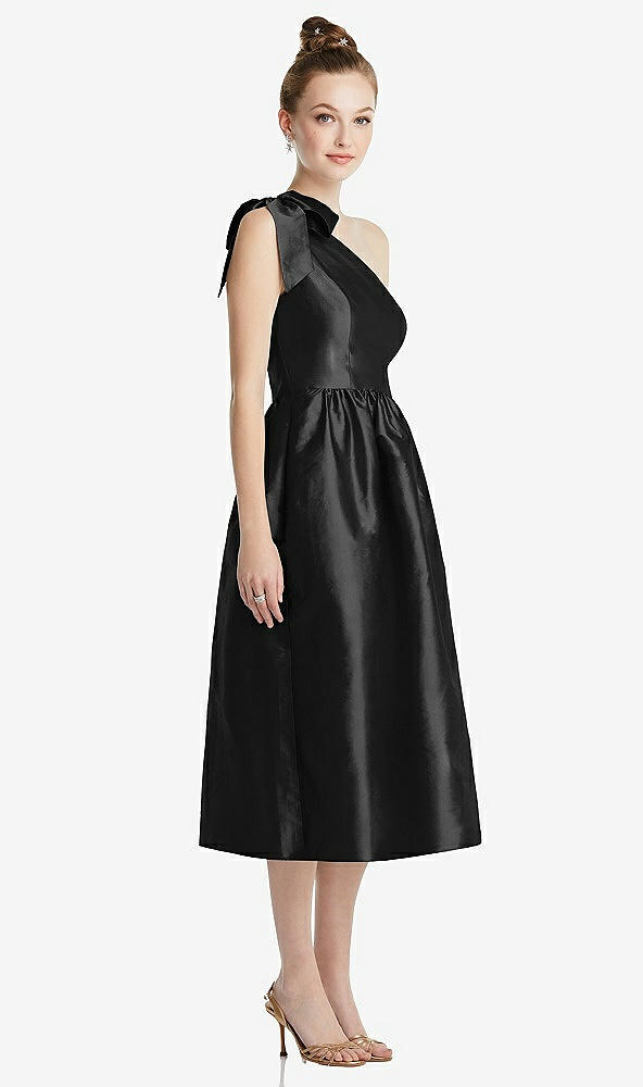 Front View - Black Bowed One-Shoulder Full Skirt Midi Dress with Pockets