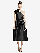 Side View Thumbnail - Black Bowed One-Shoulder Full Skirt Midi Dress with Pockets