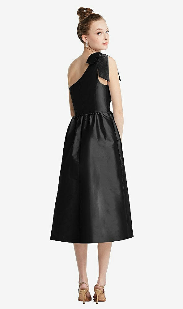 Back View - Black Bowed One-Shoulder Full Skirt Midi Dress with Pockets