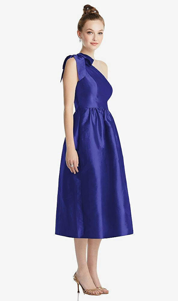 Front View - Electric Blue Bowed One-Shoulder Full Skirt Midi Dress with Pockets
