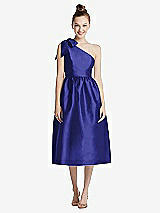 Side View Thumbnail - Electric Blue Bowed One-Shoulder Full Skirt Midi Dress with Pockets