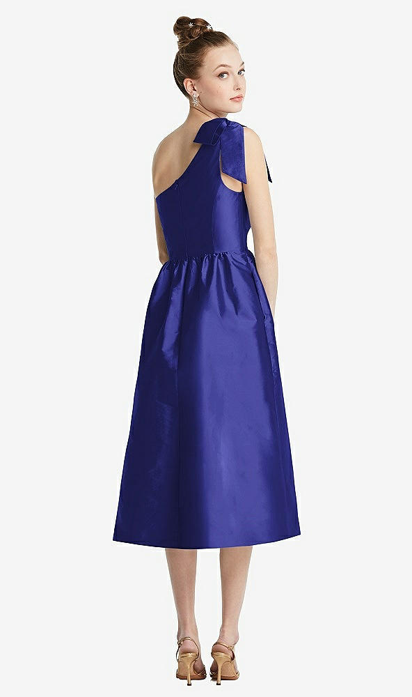 Back View - Electric Blue Bowed One-Shoulder Full Skirt Midi Dress with Pockets