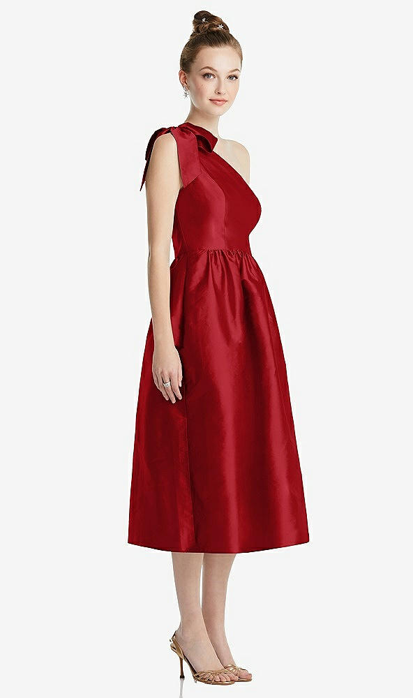 Front View - Garnet Bowed One-Shoulder Full Skirt Midi Dress with Pockets