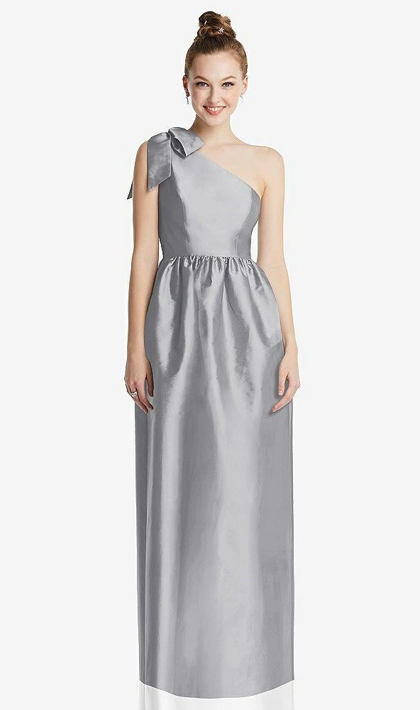 Front View - French Gray Bowed One-Shoulder Full Skirt Maxi Dress with Pockets