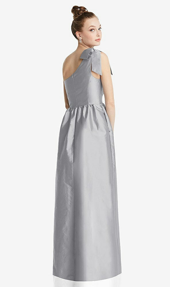 Back View - French Gray Bowed One-Shoulder Full Skirt Maxi Dress with Pockets