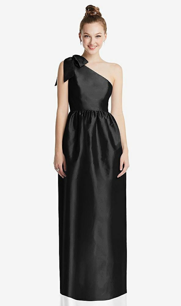 Front View - Black Bowed One-Shoulder Full Skirt Maxi Dress with Pockets