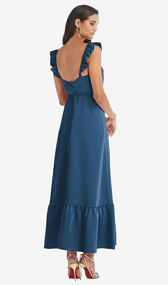 Back View - Dusk Blue Ruffled Convertible Sleeve Midi Dress