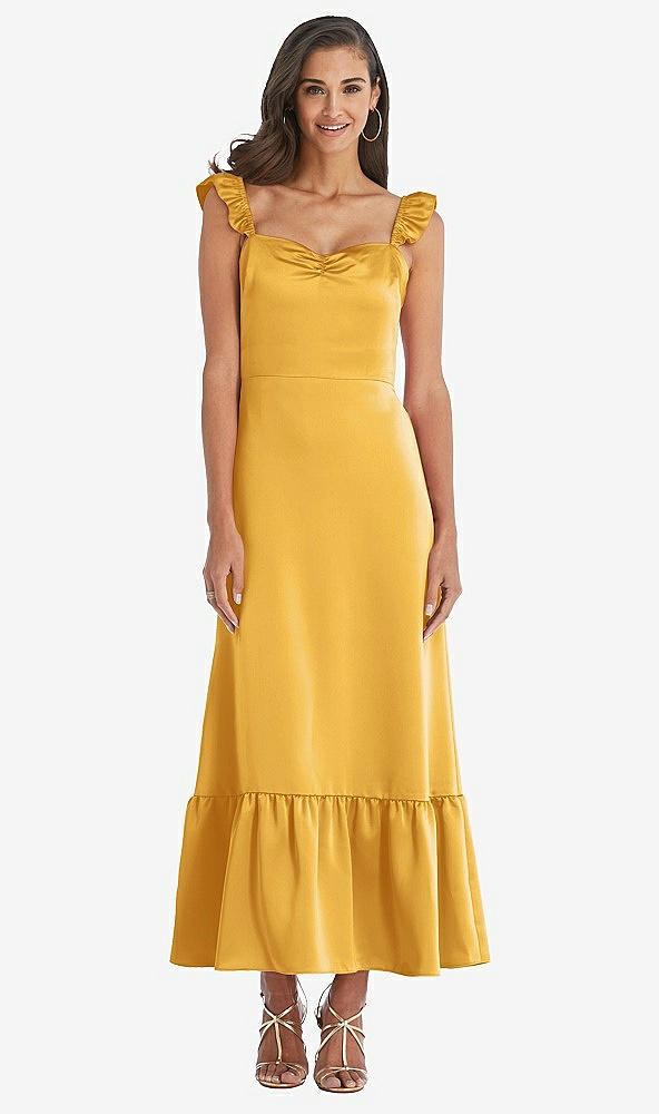 Front View - NYC Yellow Ruffled Convertible Sleeve Midi Dress