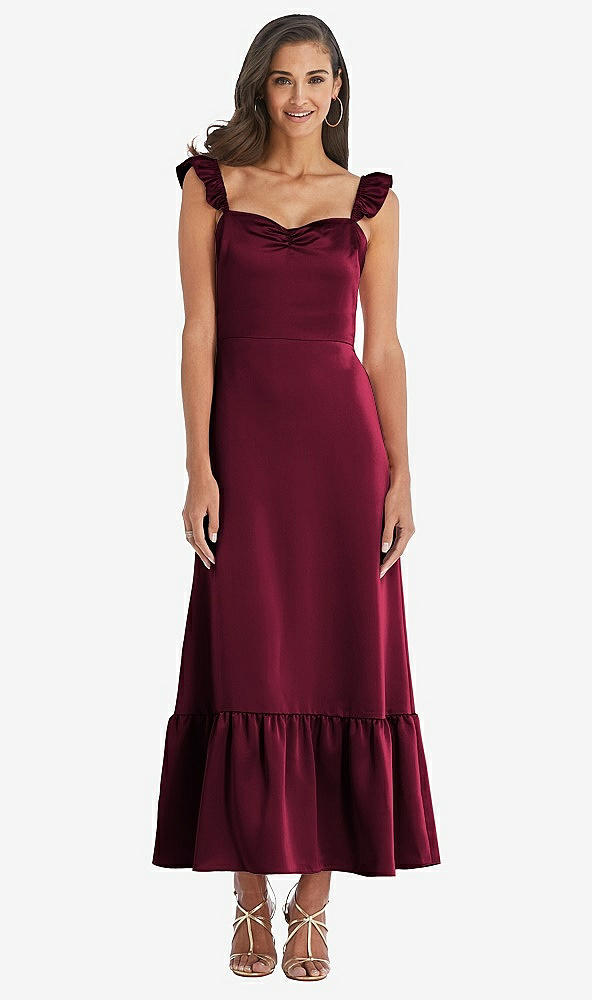 Front View - Cabernet Ruffled Convertible Sleeve Midi Dress