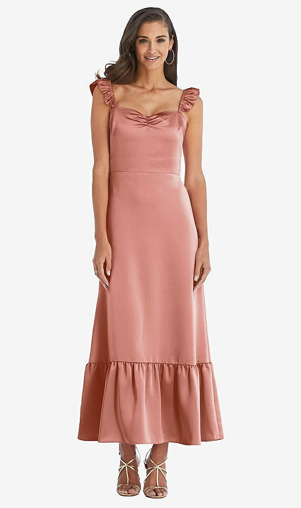 Front View - Desert Rose Ruffled Convertible Sleeve Midi Dress