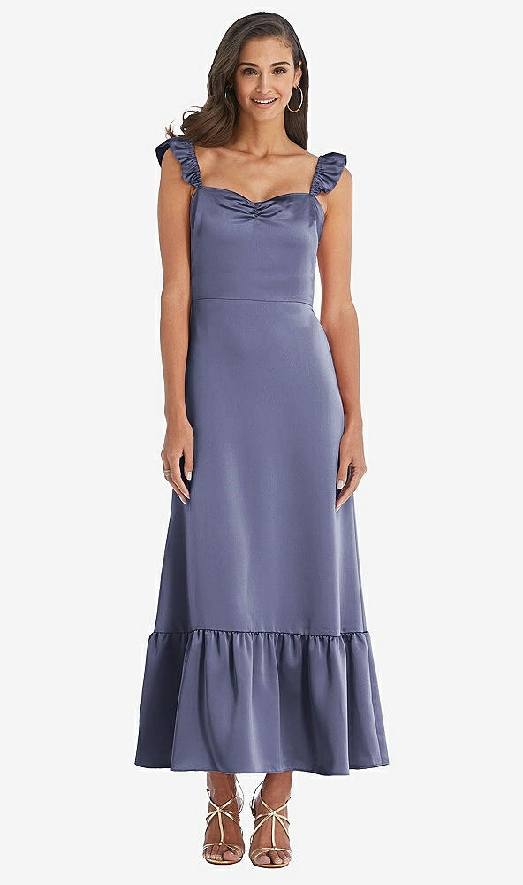 Front View - French Blue Ruffled Convertible Sleeve Midi Dress
