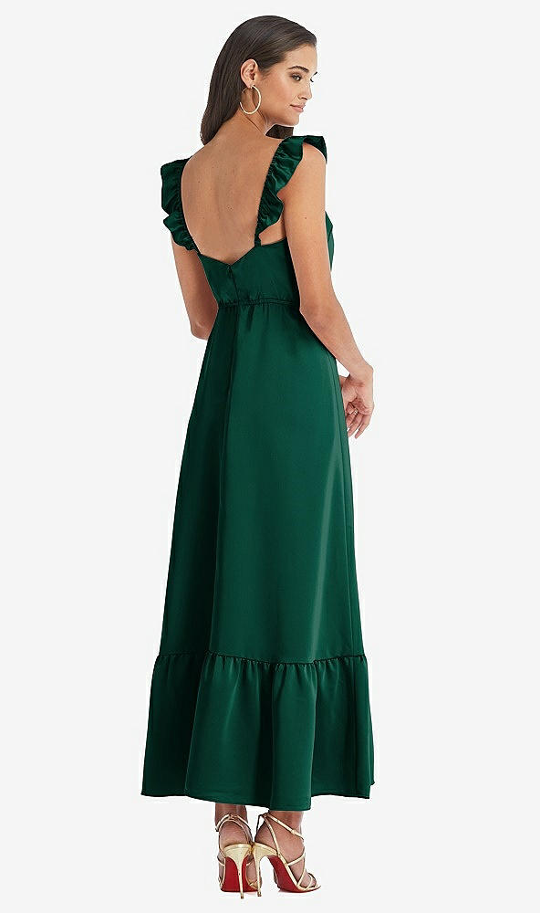 Back View - Hunter Green Ruffled Convertible Sleeve Midi Dress