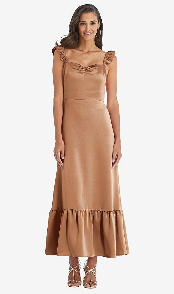 Front View - Toffee Ruffled Convertible Sleeve Midi Dress