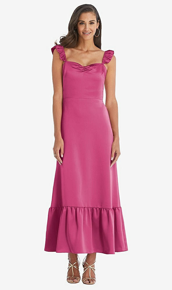 Front View - Tea Rose Ruffled Convertible Sleeve Midi Dress