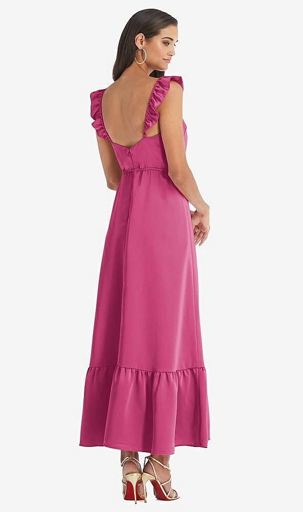 Back View - Tea Rose Ruffled Convertible Sleeve Midi Dress
