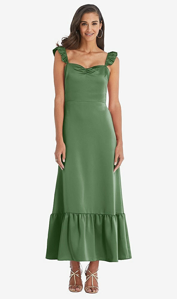 Front View - Vineyard Green Ruffled Convertible Sleeve Midi Dress