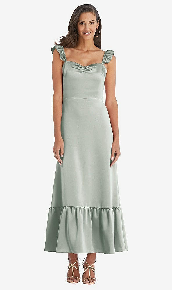 Front View - Willow Green Ruffled Convertible Sleeve Midi Dress