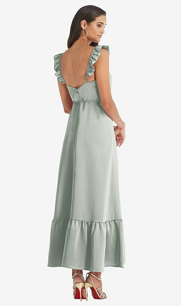 Back View - Willow Green Ruffled Convertible Sleeve Midi Dress