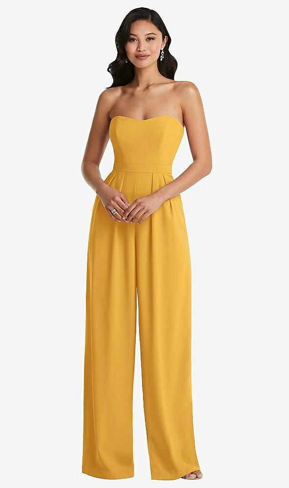 Front View - NYC Yellow Strapless Pleated Front Jumpsuit with Pockets