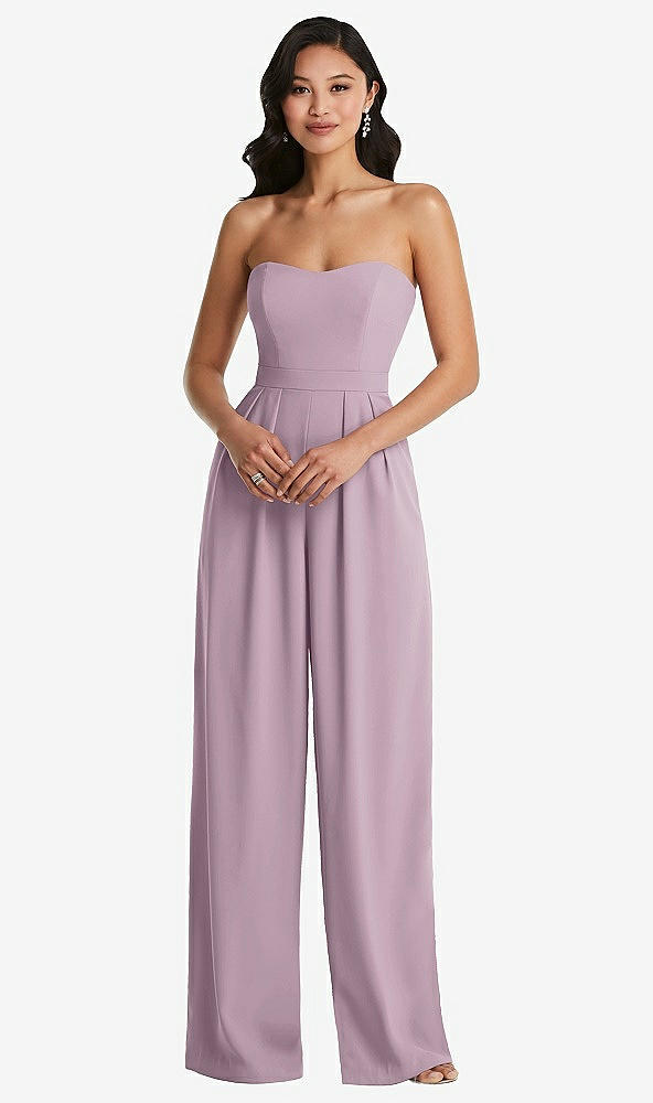 Front View - Suede Rose Strapless Pleated Front Jumpsuit with Pockets