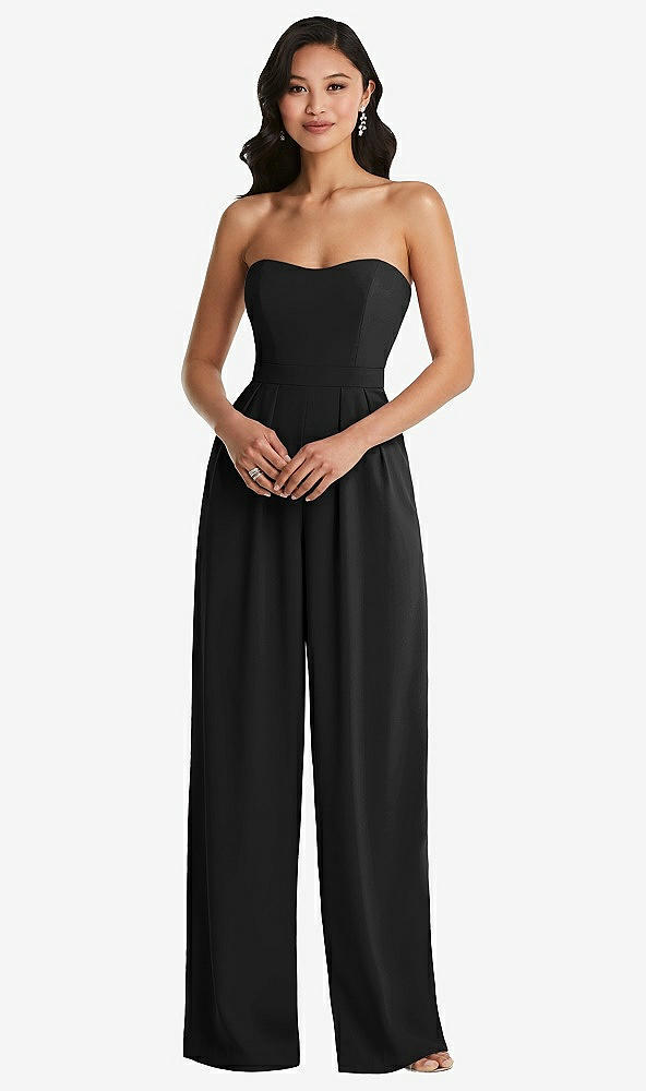 Front View - Black Strapless Pleated Front Jumpsuit with Pockets
