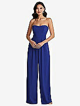 Front View Thumbnail - Cobalt Blue Strapless Pleated Front Jumpsuit with Pockets