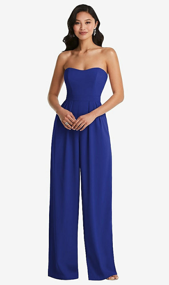 Front View - Cobalt Blue Strapless Pleated Front Jumpsuit with Pockets