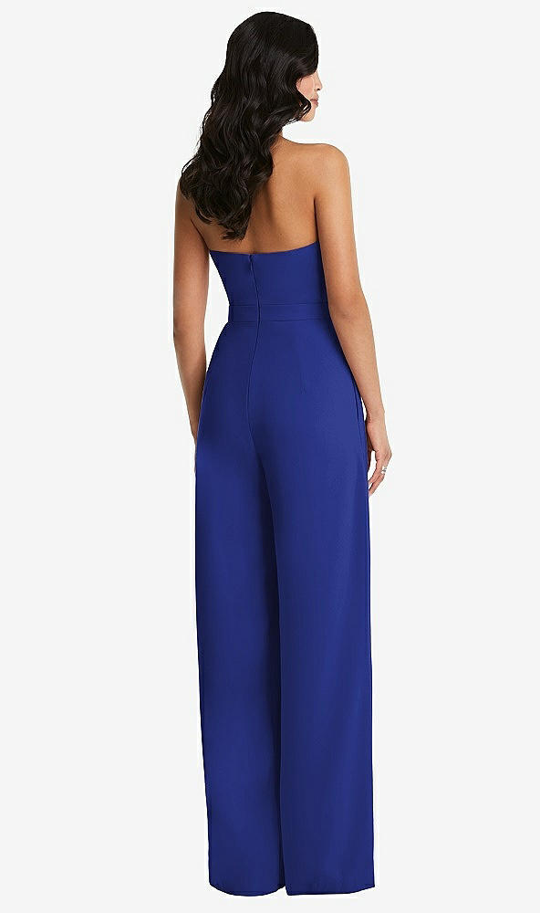Back View - Cobalt Blue Strapless Pleated Front Jumpsuit with Pockets