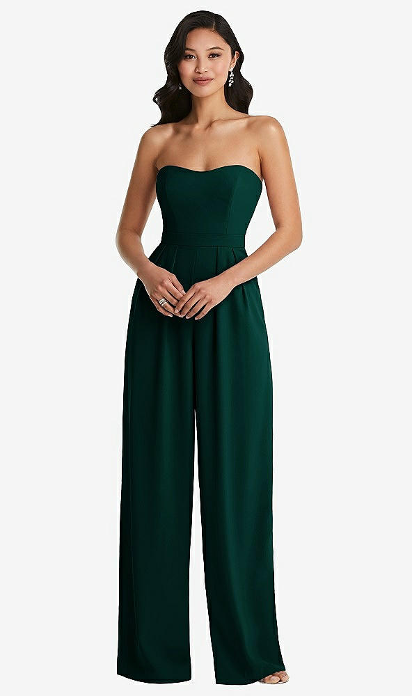 Front View - Evergreen Strapless Pleated Front Jumpsuit with Pockets